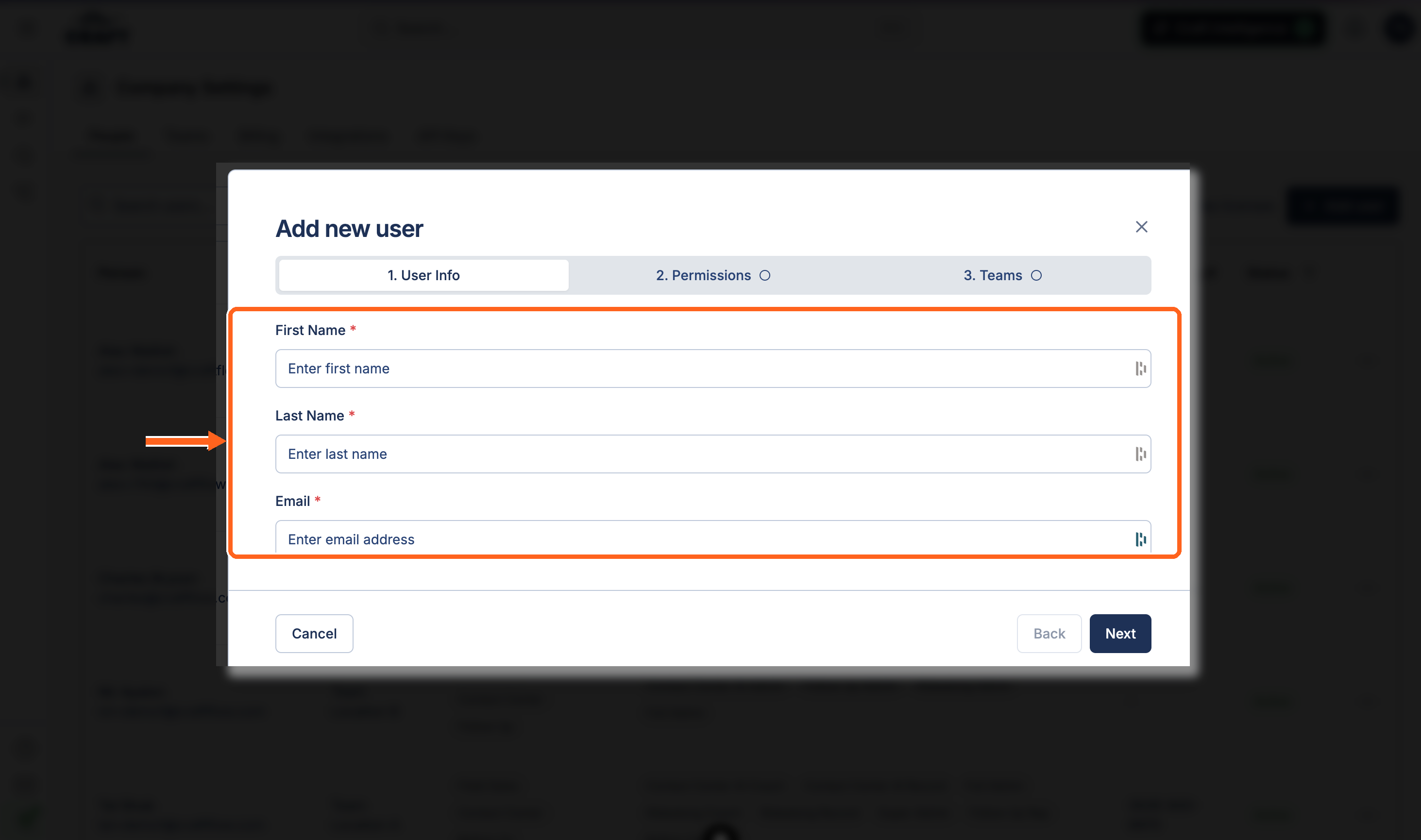 The Add new user dialog on the User Info step with first name, last name, and email fields
