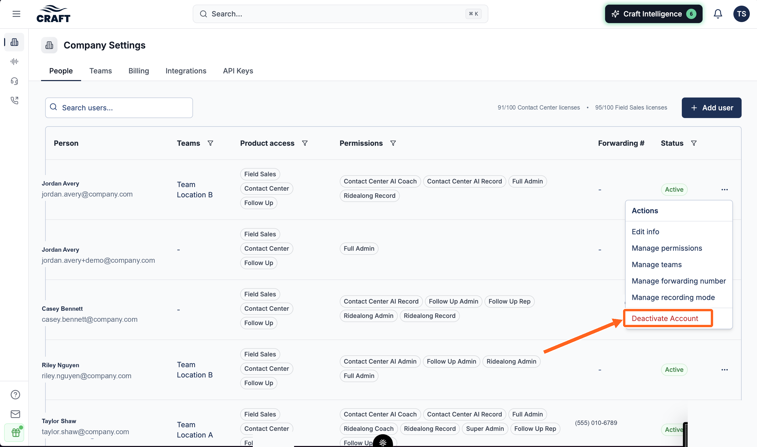 A user row with the actions menu open, showing the Deactivate Account option in red