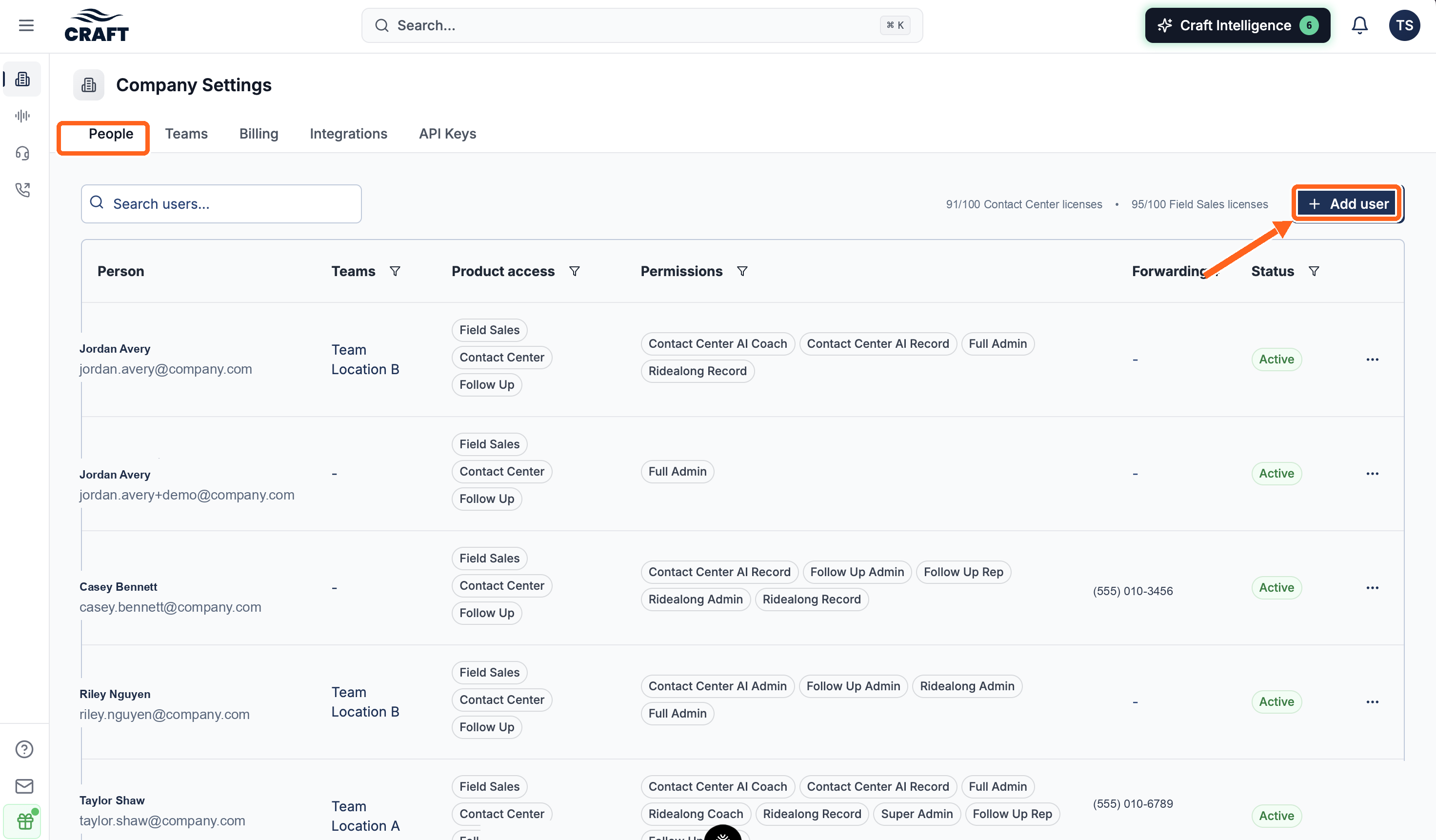 The Company Settings People page showing the user list and the Add user button