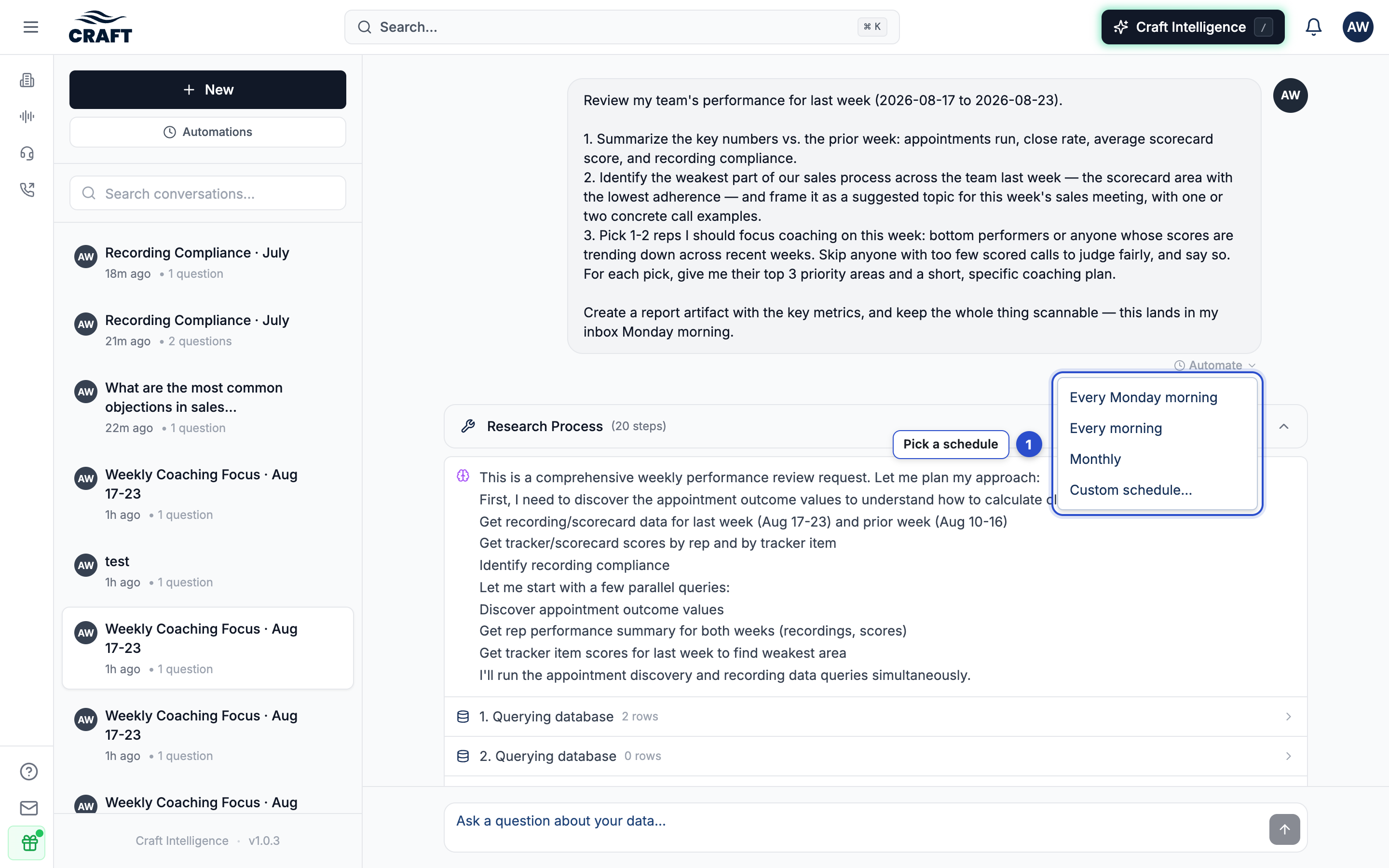A conversation with the Automate menu open under a question, showing the schedule choices