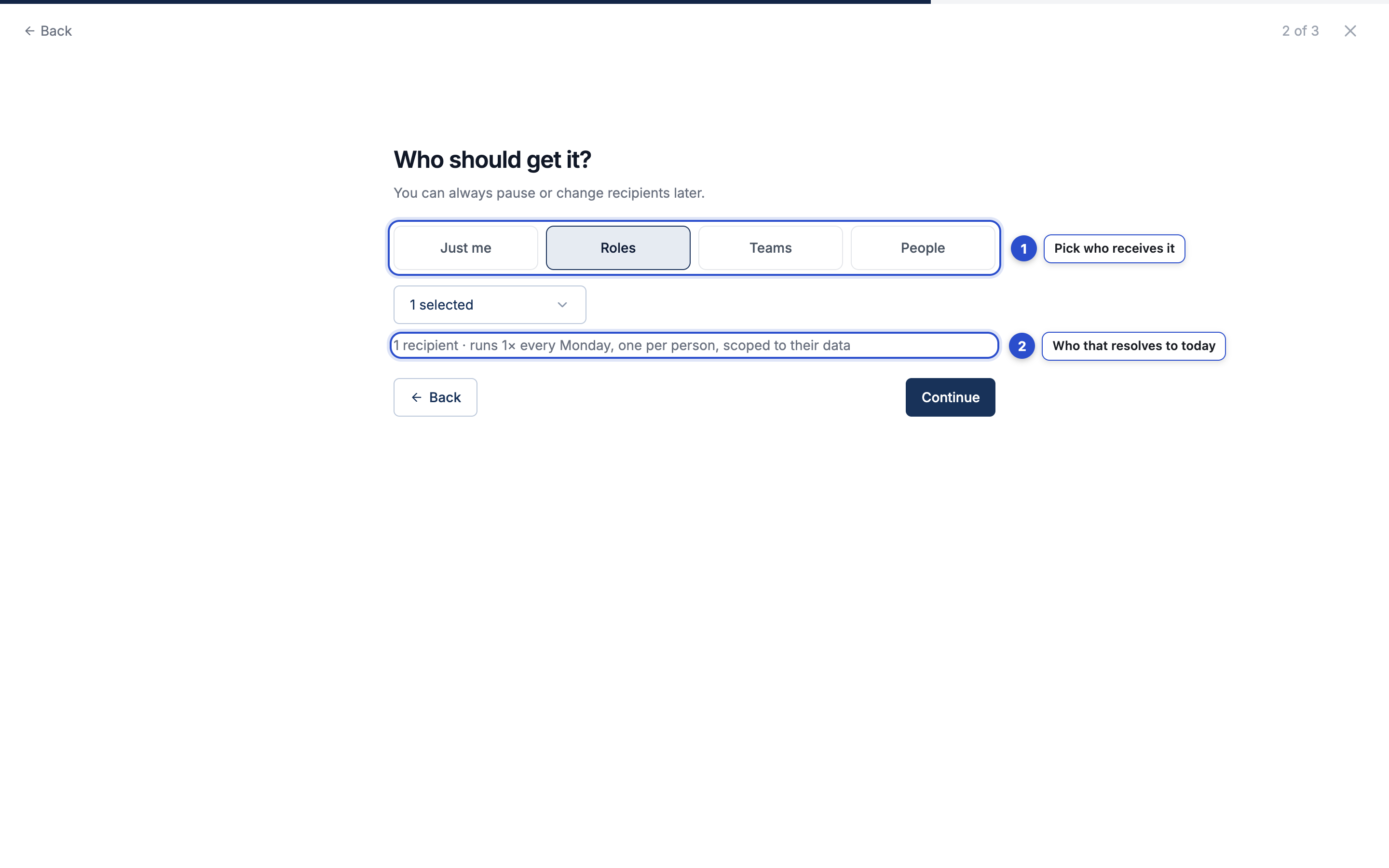The audience screen with the recipient options and the resolved-audience line annotated
