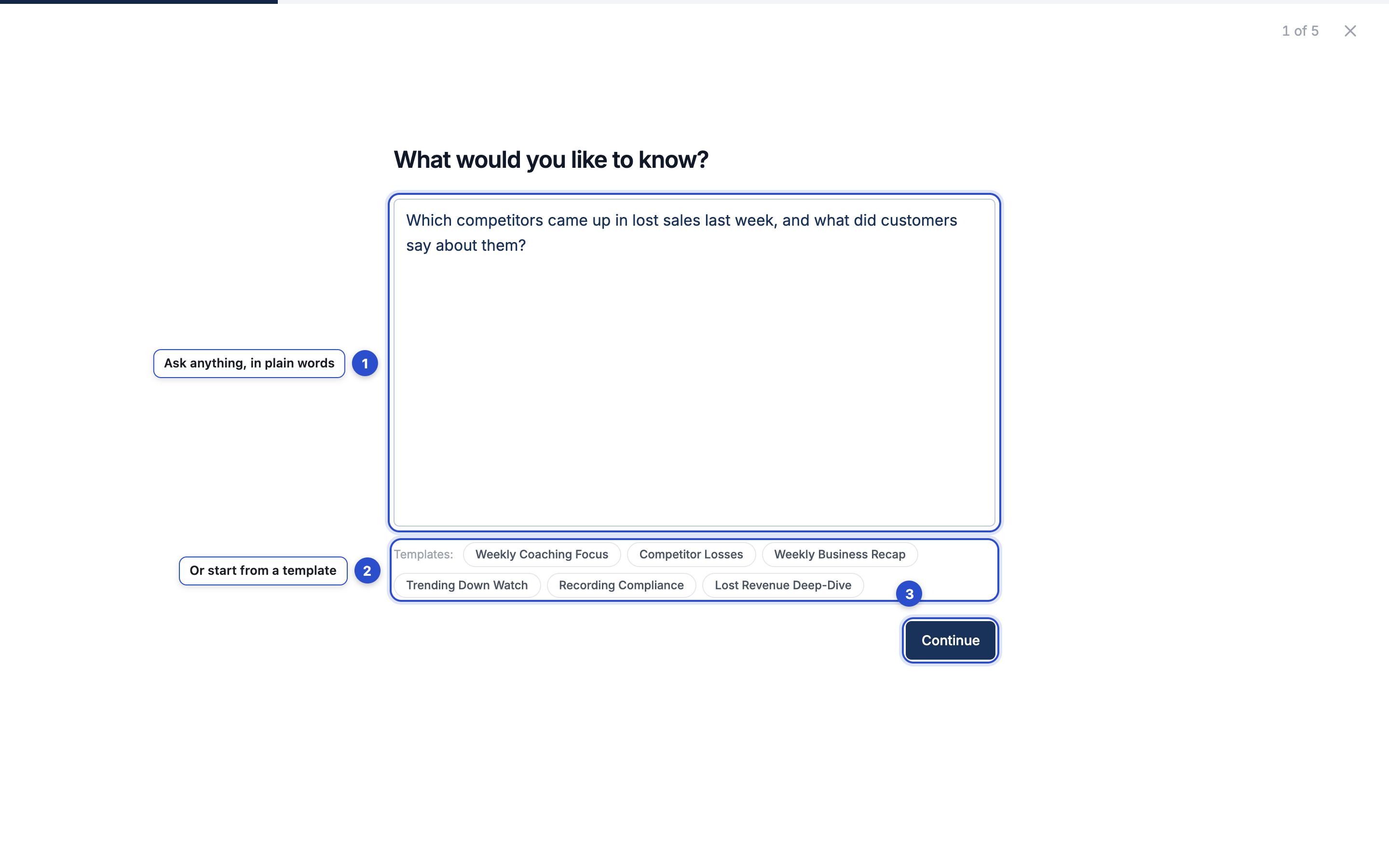 The question screen with the question box, template shortcuts, and Continue button annotated