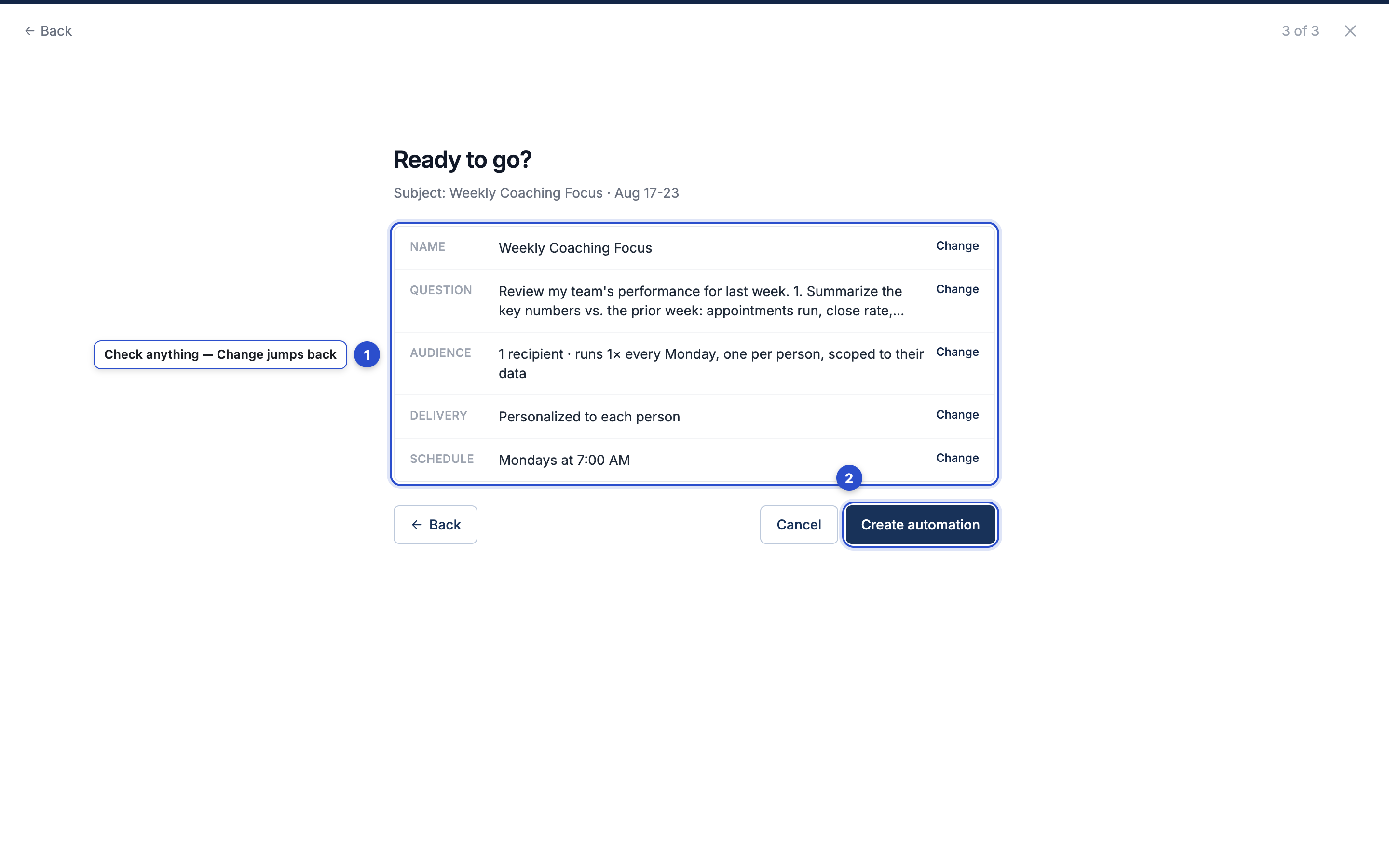 The review screen with the summary rows and Create automation button annotated