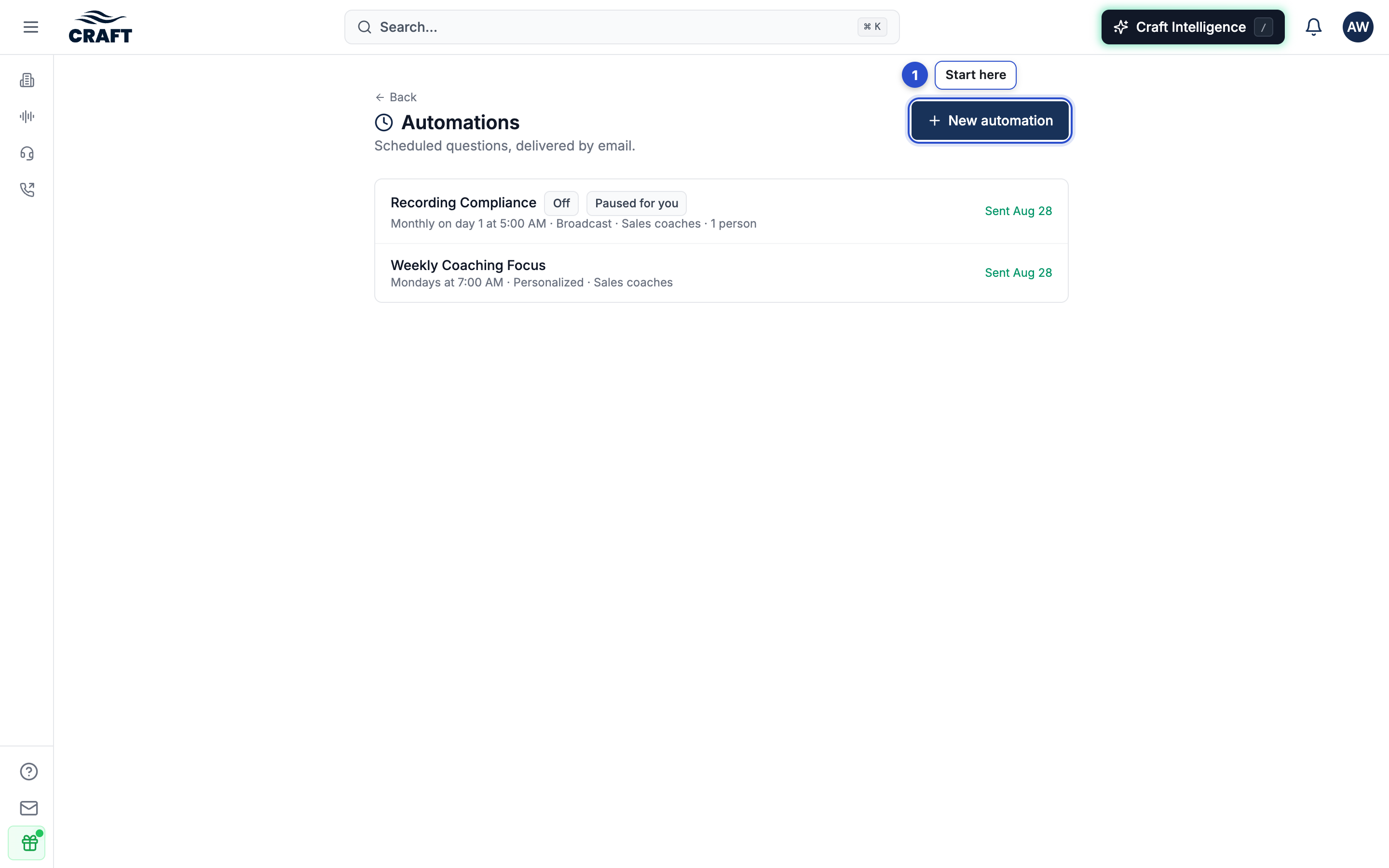 The Automations page with the New automation button highlighted