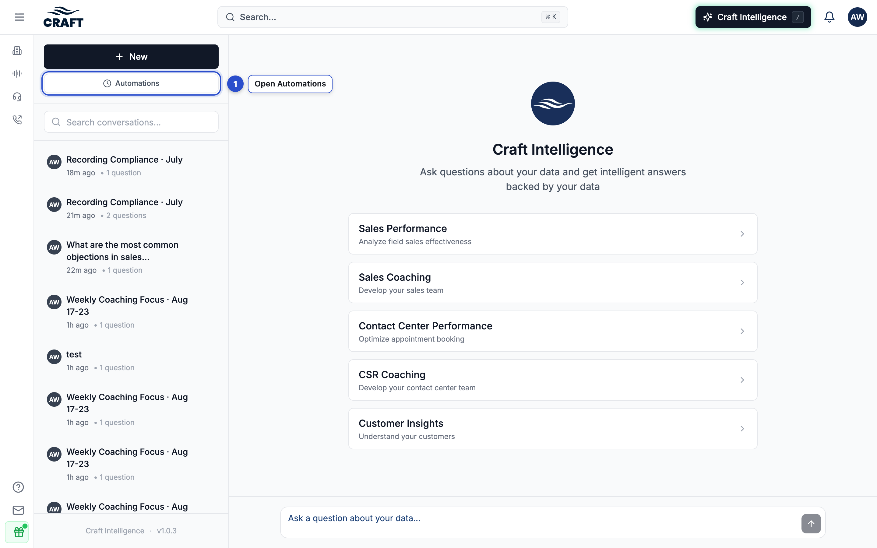 The Craft Intelligence page with the Automations button highlighted in the sidebar