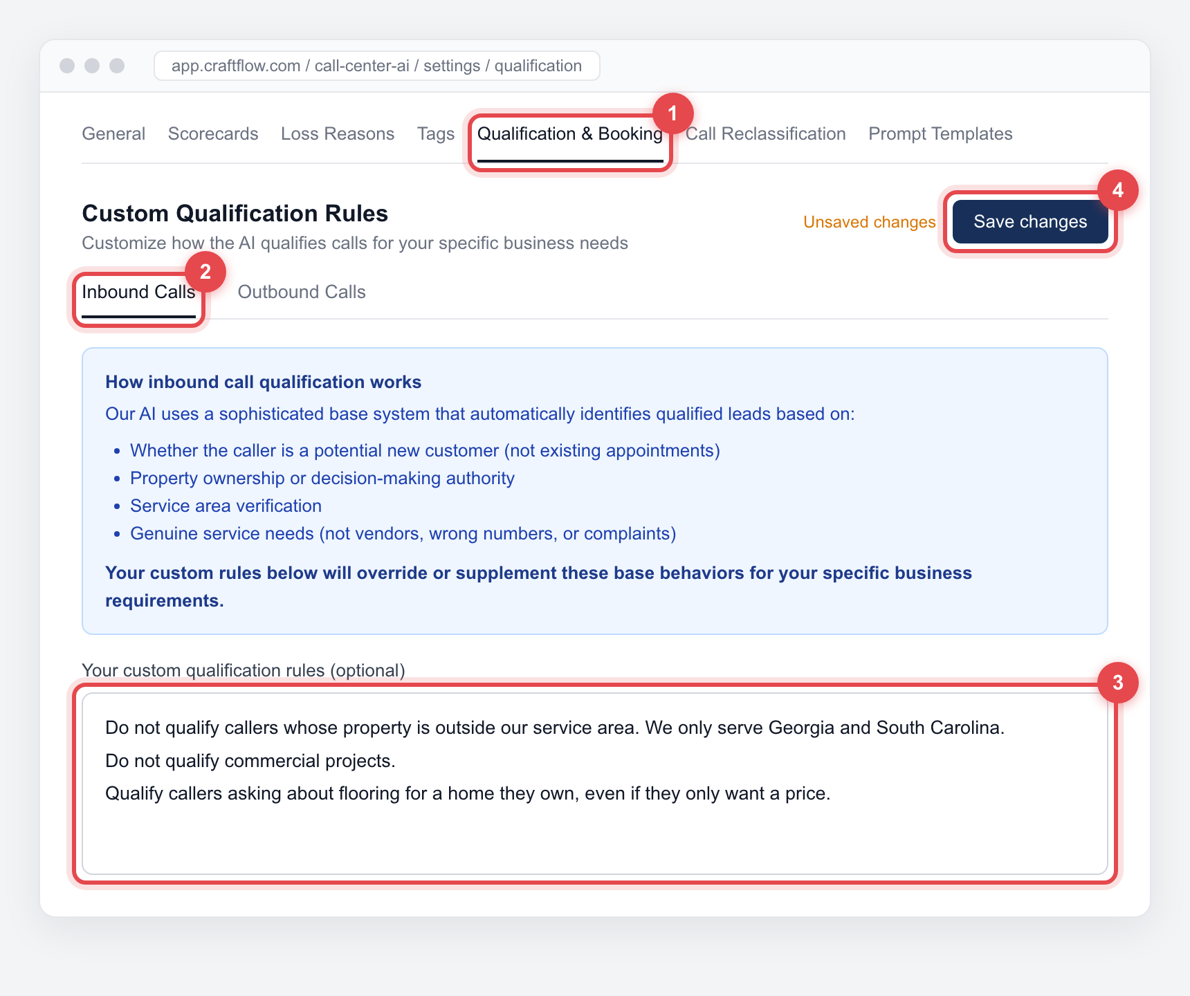 The Custom Qualification Rules settings with the tab, direction, rules box, and Save button numbered