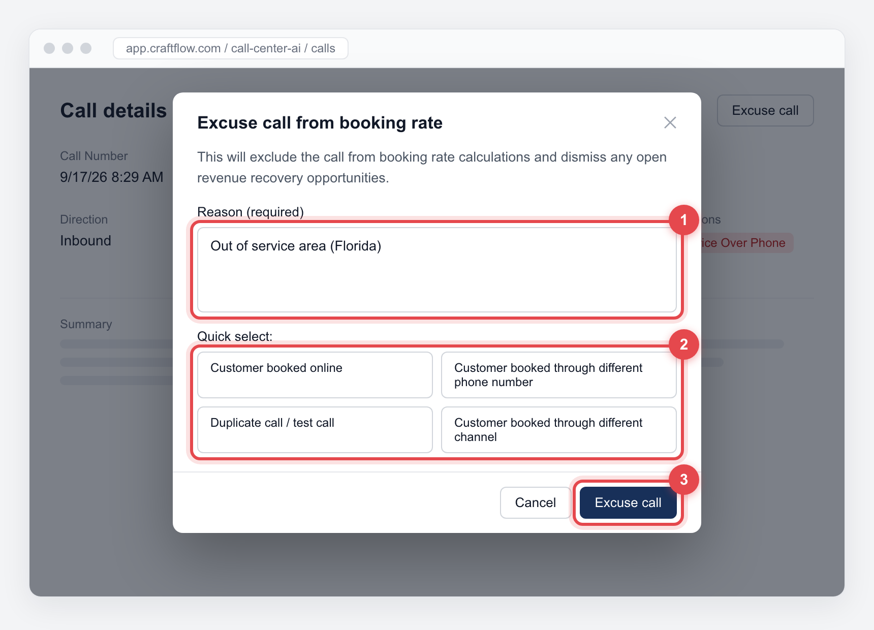 The Excuse call dialog with a reason typed in and the quick select options