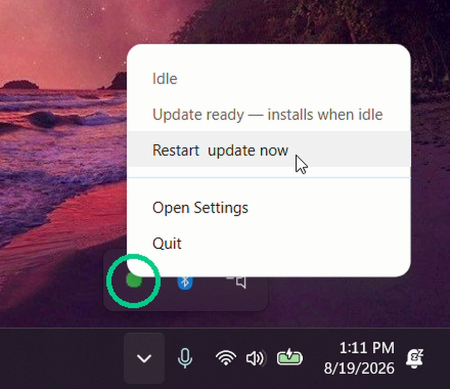 The Craft Capture circle next to the clock, with the menu open