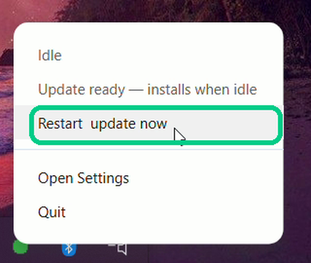 The menu with Restart, update now highlighted