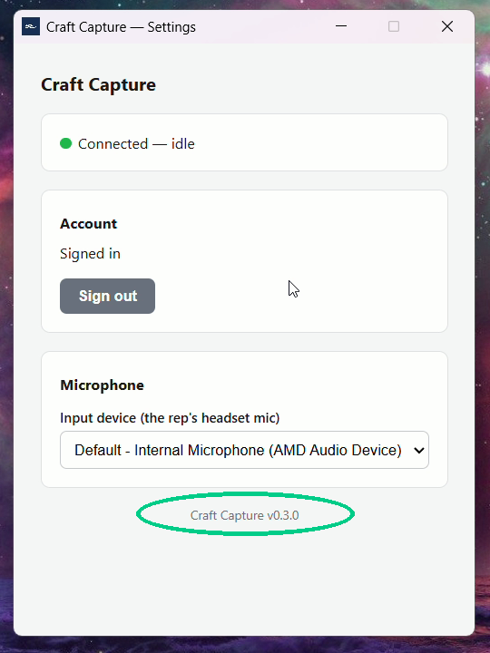 The Settings window with the version number at the bottom