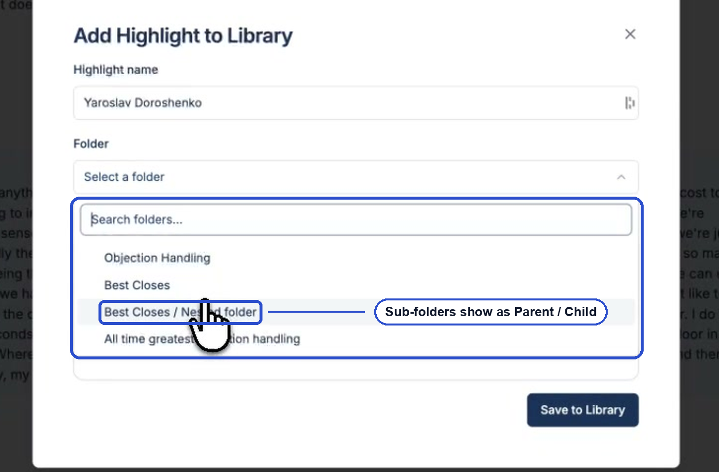 The folder picker open, showing a sub-folder listed as Best Closes / Nested folder
