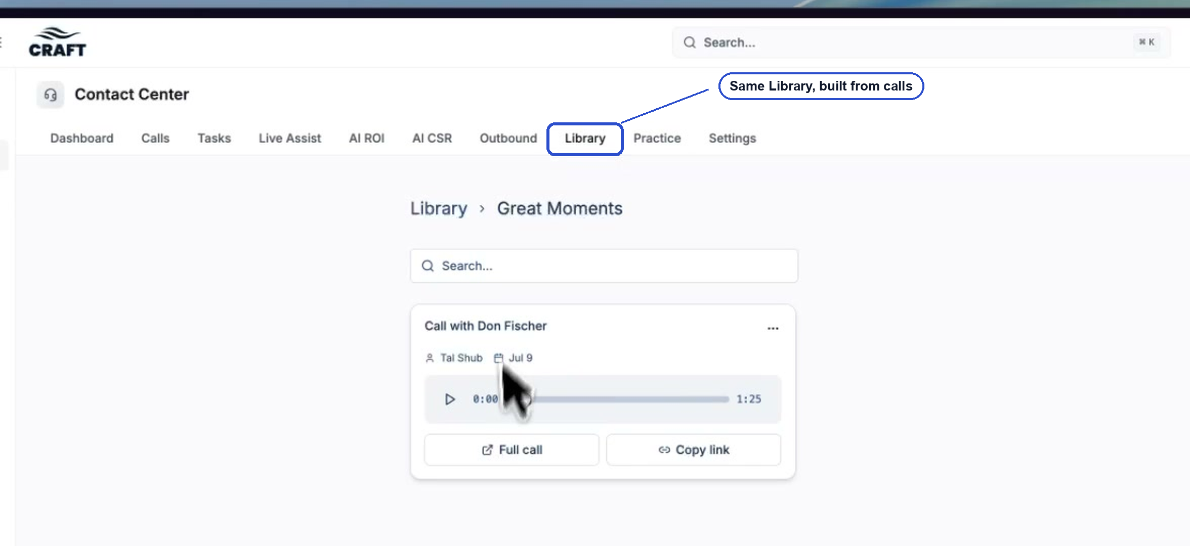 The Contact Center Library showing a folder of call clips