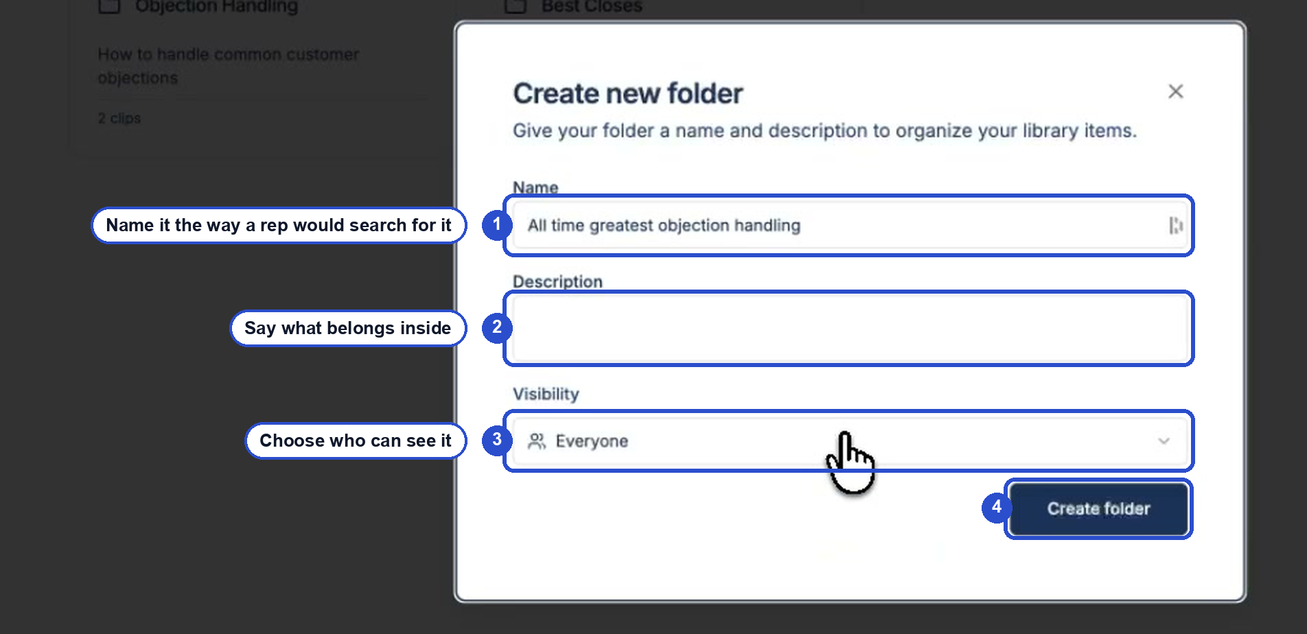 The Create new folder dialog with the Name, Description, Visibility, and Create folder controls annotated