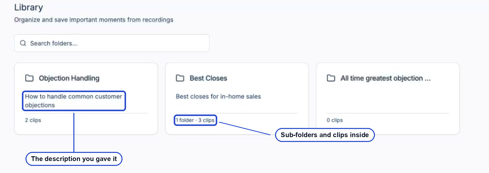Library folder cards, with the description line and the sub-folder and clip counts annotated
