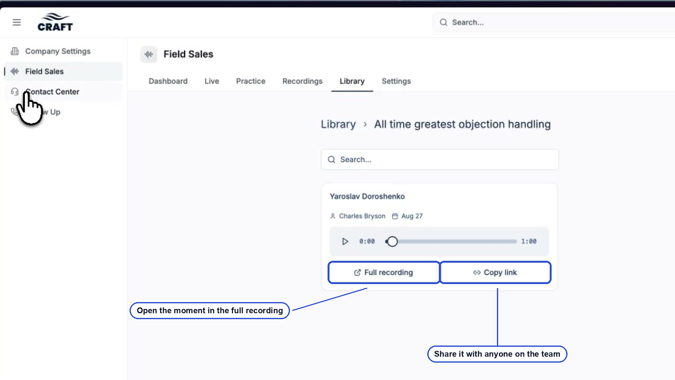 A Library folder with a clip card, with the Full recording and Copy link buttons annotated