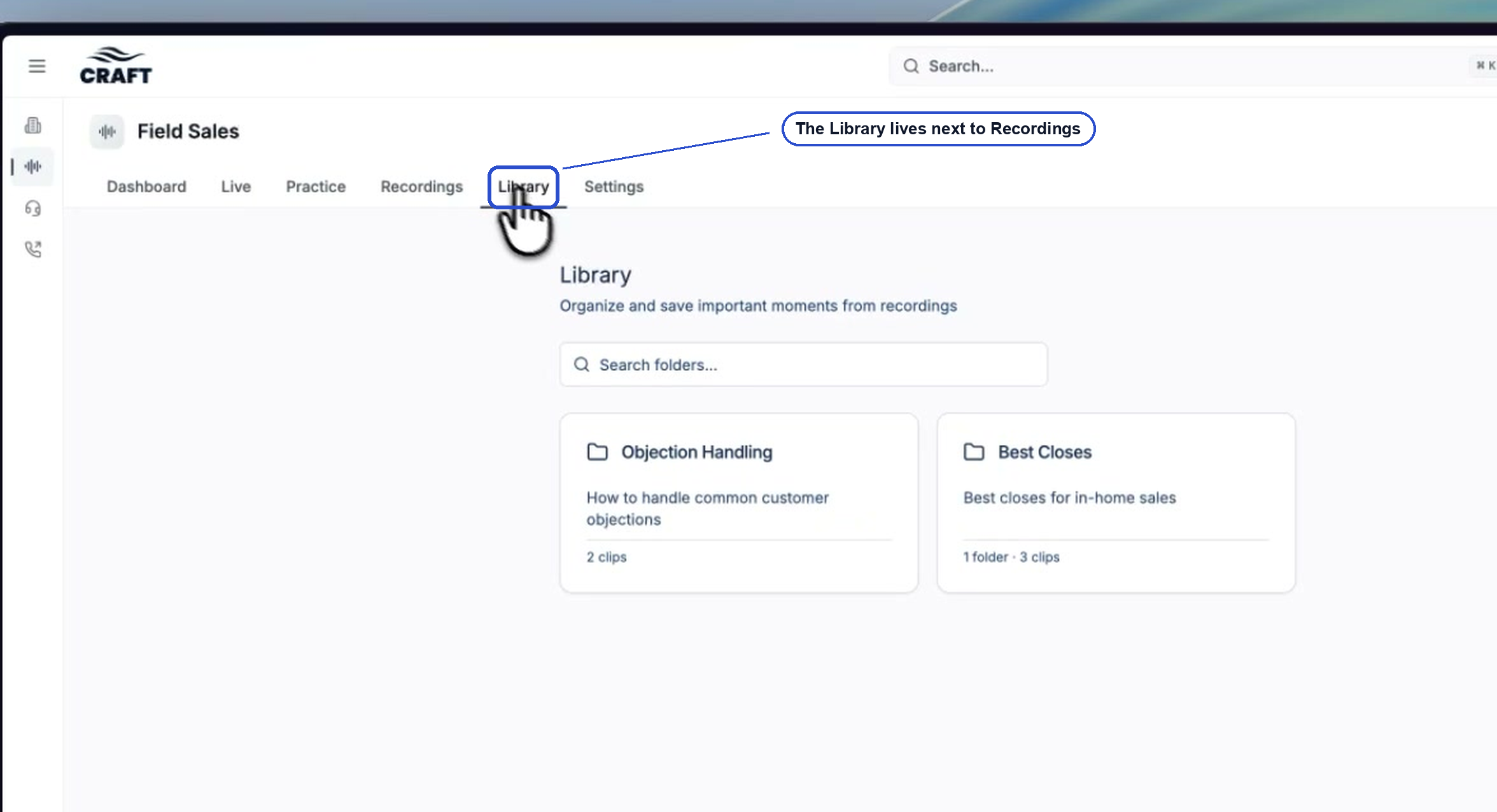 The Field Sales tab bar with the Library tab highlighted, showing folder cards below