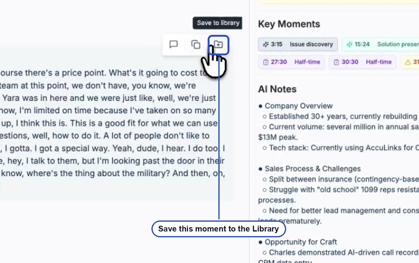 Saving a highlight to the Library while reviewing a recording