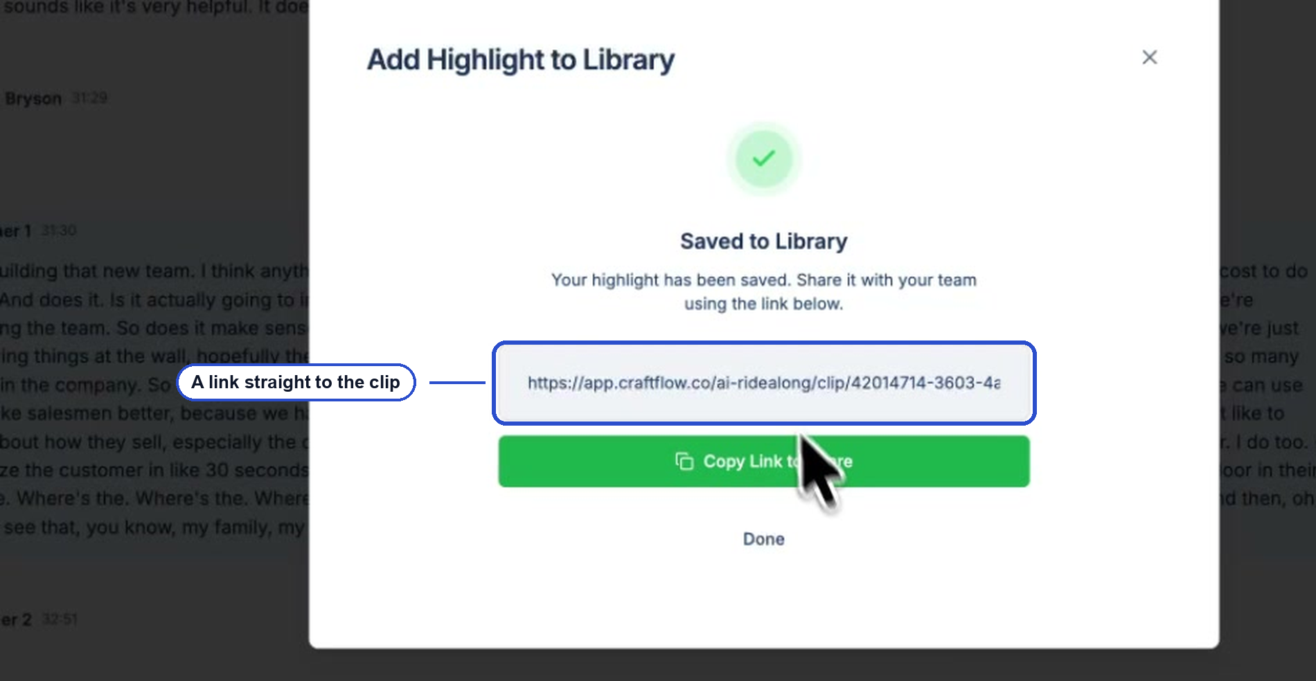 The Saved to Library confirmation with the clip link and Copy Link to Share button
