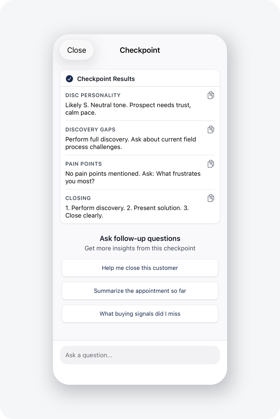 Checkpoint results: personality read, discovery gaps, pain points, and the closing plan, with follow-up questions below