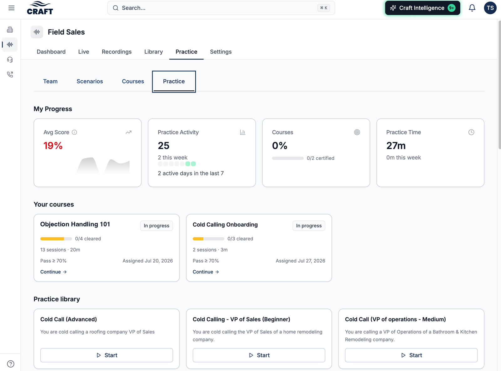 The Practice tab: your progress, assigned courses with pass thresholds, and the scenario library