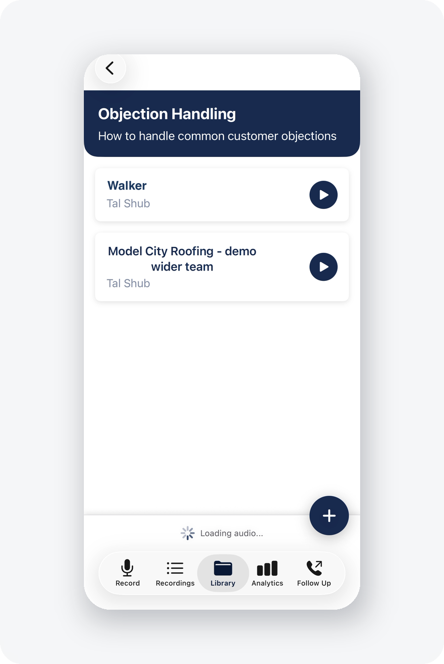 The Library on mobile: the team's objection-handling clips, one tap from the road