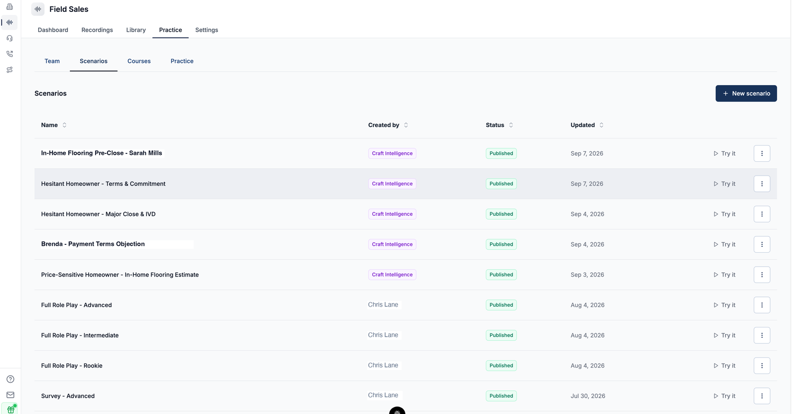The scenarios list: AI-generated scenarios from real appointment patterns alongside manager-built roleplays
